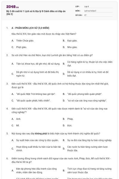 Bộ 3 đề cuối kì 1 Lịch sử & Địa lý 8 Cánh diều có đáp án (Đề 2)