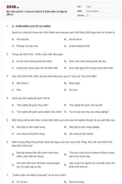 Bộ 3 đề cuối kì 1 Lịch sử & Địa lý 8 Cánh diều có đáp án (Đề 3)