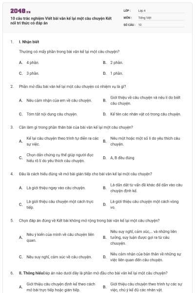 10 câu trắc nghiệm Viết bài văn kể lại một câu chuyện Kết nối tri thức có đáp án