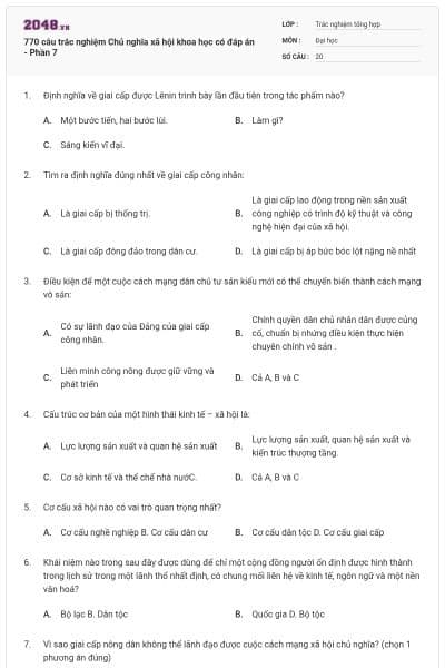 770 câu trắc nghiệm Chủ nghĩa xã hội khoa học có đáp án - Phần 7