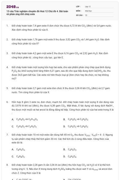 13 câu Trắc nghiệm chuyên đề Hoá 12 Chủ đề 4. Bài toán về phản ứng đốt cháy este