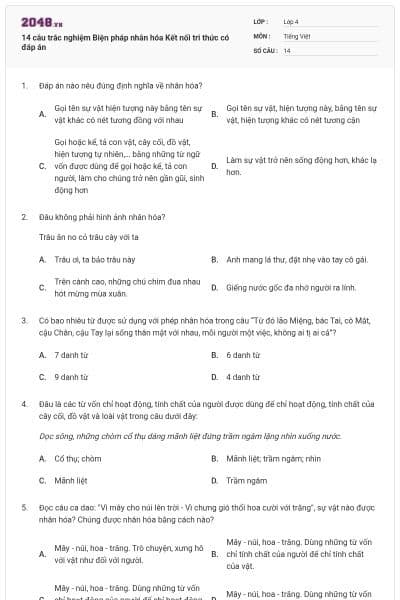 14 câu trắc nghiệm Biện pháp nhân hóa Kết nối tri thức có đáp án