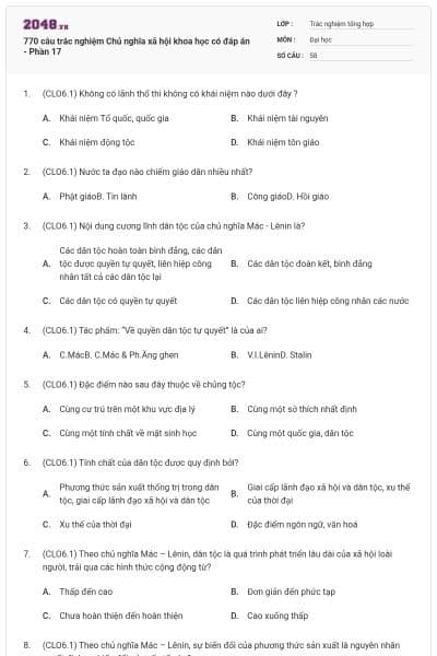 770 câu trắc nghiệm Chủ nghĩa xã hội khoa học có đáp án - Phần 17