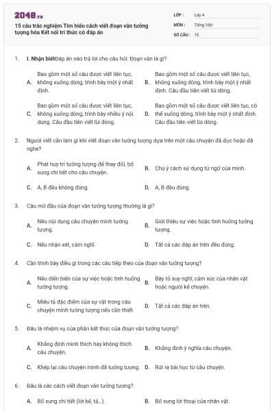 15 câu trắc nghiệm Tìm hiểu cách viết đoạn văn tưởng tượng hóa Kết nối tri thức có đáp án