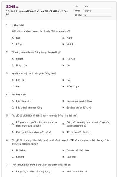 15 câu trắc nghiệm Đồng cỏ nở hoa Kết nối tri thức có đáp án