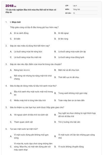 15 câu trắc nghiệm Bầu trời mùa thu Kết nối tri thức có đáp án