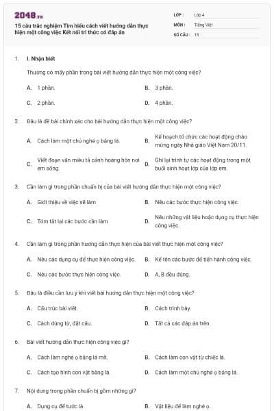 15 câu trắc nghiệm Tìm hiểu cách viết hướng dẫn thực hiện một công việc Kết nối tri thức có đáp án