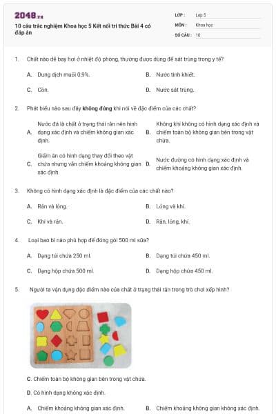 10 câu trắc nghiệm Khoa học 5 Kết nối tri thức Bài 4 có đáp án