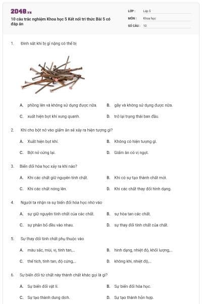 10 câu trắc nghiệm Khoa học 5 Kết nối tri thức Bài 5 có đáp án