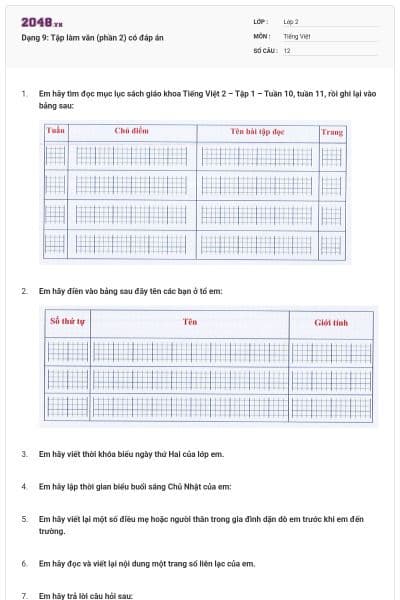 Dạng 9: Tập làm văn (phần 2) có đáp án