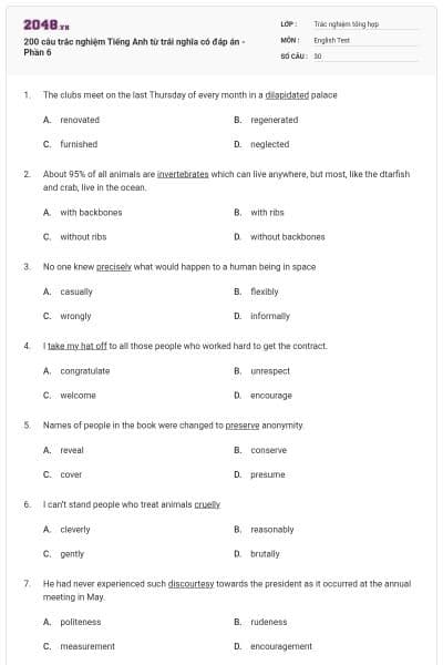 200 câu trắc nghiệm Tiếng Anh từ trái nghĩa có đáp án - Phần 6
