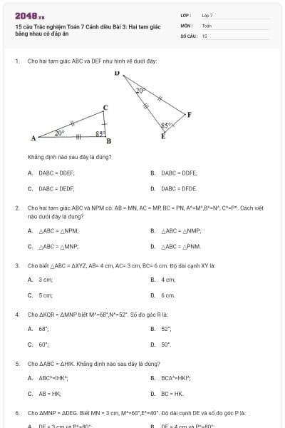 15 câu Trắc nghiệm Toán 7 Cánh diều Bài 3: Hai tam giác bằng nhau có đáp án