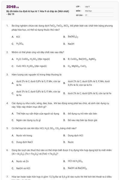 Bộ đề kiểm tra định kì học kì 1 Hóa 9 có đáp án (Mới nhất) - Đề 19