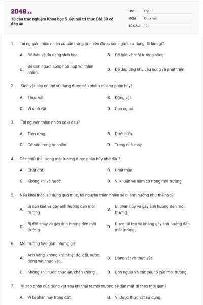 10 câu trắc nghiệm Khoa học 5 Kết nối tri thức Bài 30 có đáp án