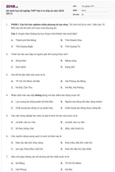 Đề minh họa tốt nghiệp THPT Địa lí có đáp án năm 2025 (Đề 2)