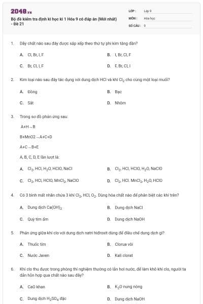 Bộ đề kiểm tra định kì học kì 1 Hóa 9 có đáp án (Mới nhất) - Đề 21
