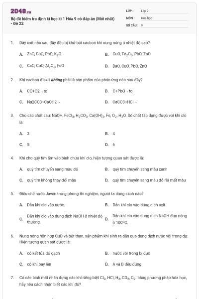 Bộ đề kiểm tra định kì học kì 1 Hóa 9 có đáp án (Mới nhất) - Đề 22