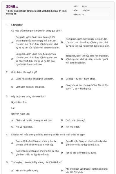 10 câu trắc nghiệm Tìm hiểu cách viết đơn Kết nối tri thức có đáp án