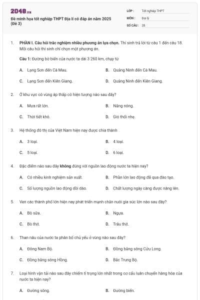 Đề minh họa tốt nghiệp THPT Địa lí có đáp án năm 2025 (Đề 3)