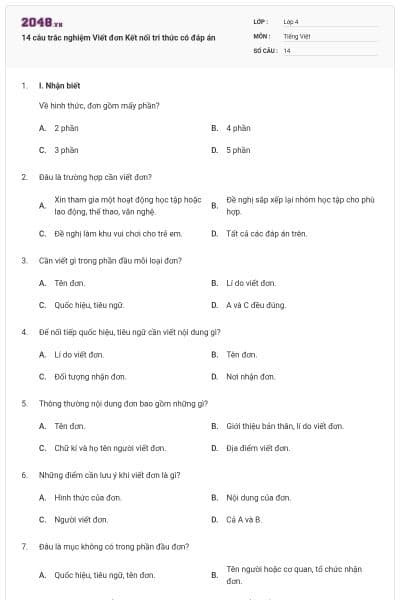 14 câu trắc nghiệm Viết đơn Kết nối tri thức có đáp án