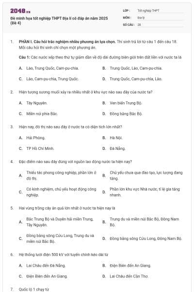 Đề minh họa tốt nghiệp THPT Địa lí có đáp án năm 2025 (Đề 4)
