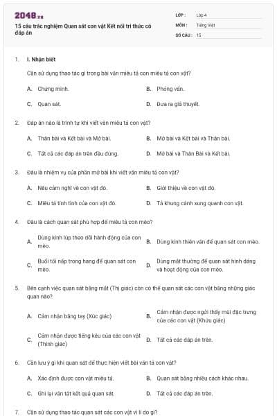 15 câu trắc nghiệm Quan sát con vật Kết nối tri thức có đáp án