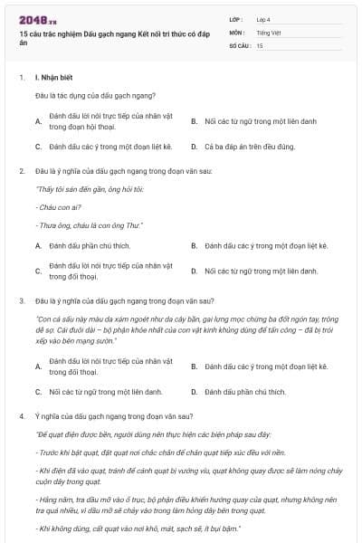 15 câu trắc nghiệm Dấu gạch ngang Kết nối tri thức có đáp án