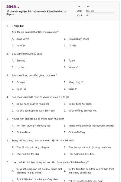 15 câu trắc nghiệm Bốn mùa mơ ước Kết nối tri thức có đáp án