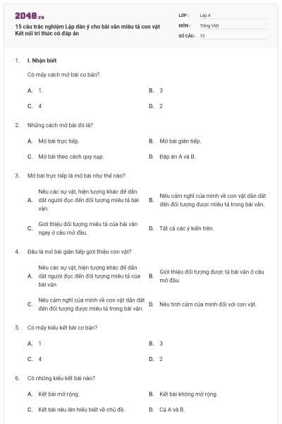 15 câu trắc nghiệm Lập dàn ý cho bài văn miêu tả con vật Kết nối tri thức có đáp án