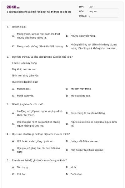 5 câu trắc nghiệm Đọc mở rộng Kết nối tri thức có đáp án
