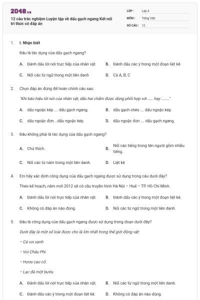 12 câu trắc nghiệm Luyện tập về dấu gạch ngang Kết nối tri thức có đáp án