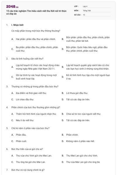 15 câu trắc nghiệm Tìm hiểu cách viết thư Kết nối tri thức có đáp án
