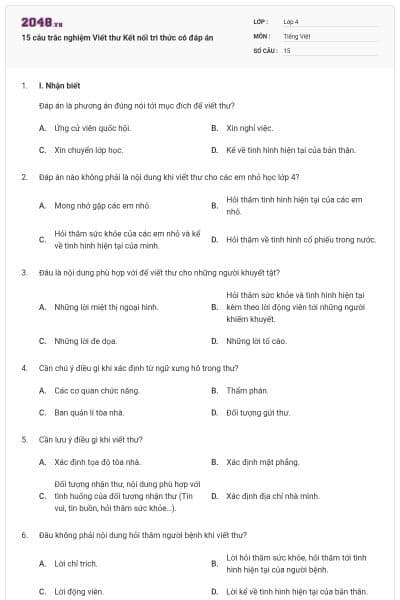 15 câu trắc nghiệm Viết thư Kết nối tri thức có đáp án