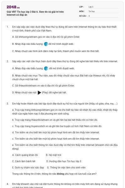 Giải VBT Tin học lớp 3 Bài 6. Xem tin và giải trí trên Internet có đáp án