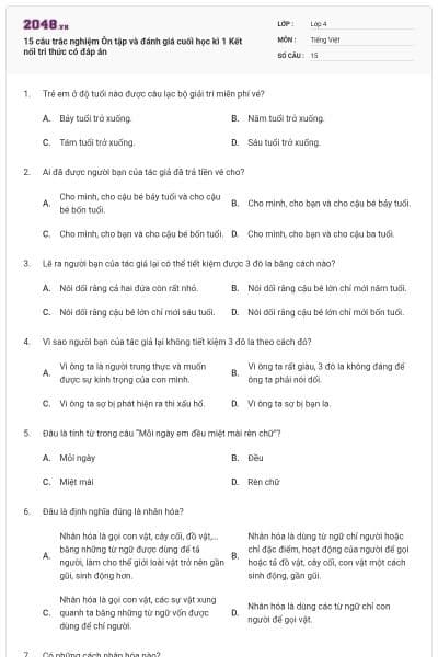 15 câu trắc nghiệm Ôn tập và đánh giá cuối học kì 1 Kết nối tri thức có đáp án