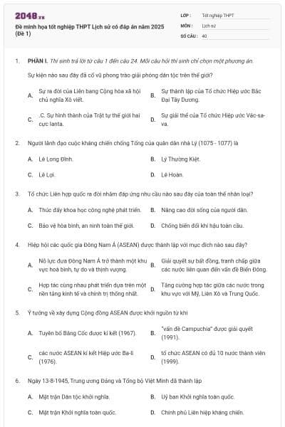 Đề minh họa tốt nghiệp THPT Lịch sử có đáp án năm 2025 (Đề 1)