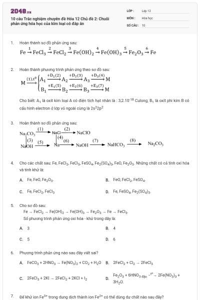 10 câu Trắc nghiệm chuyên đề Hóa 12 Chủ đề 2: Chuỗi phản ứng hóa học của kim loại có đáp án