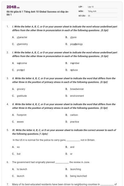 Đề thi giữa kì 1 Tiếng Anh 10 Global Success có đáp án- Đề 1