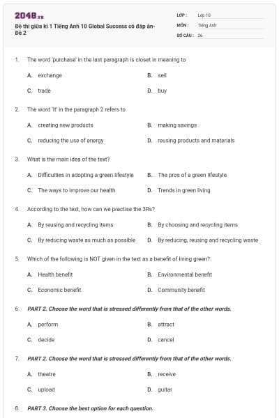 Đề thi giữa kì 1 Tiếng Anh 10 Global Success có đáp án- Đề 2