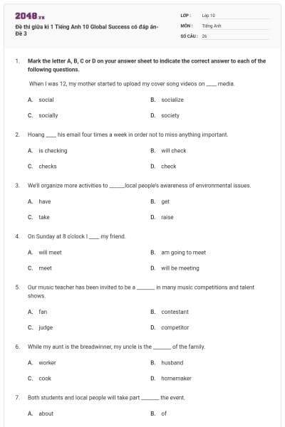 Đề thi giữa kì 1 Tiếng Anh 10 Global Success có đáp án- Đề 3