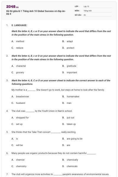 Đề thi giữa kì 1 Tiếng Anh 10 Global Success có đáp án- Đề 4