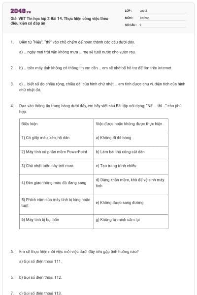 Giải VBT Tin học lớp 3 Bài 14. Thực hiện công việc theo điều kiện có đáp án