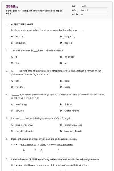 Đề thi giữa kì 1 Tiếng Anh 10 Global Success có đáp án- Đề 5