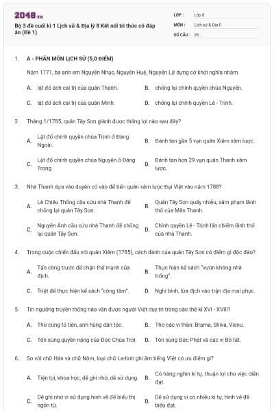 Bộ 3 đề cuối kì 1 Lịch sử & Địa lý 8 Kết nối tri thức có đáp án (Đề 1)
