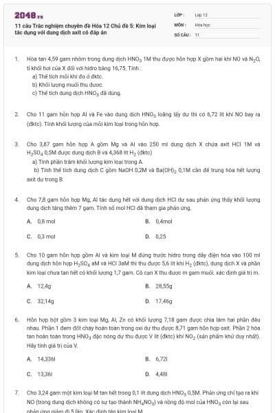 11 câu Trắc nghiệm chuyên đề Hóa 12 Chủ đề 5: Kim loại tác dụng với dung dịch axit có đáp án