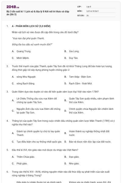 Bộ 3 đề cuối kì 1 Lịch sử & Địa lý 8 Kết nối tri thức có đáp án (Đề 3)