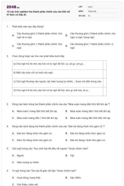 10 câu trắc nghiệm Hai thành phần chính của câu Kết nối tri thức có đáp án