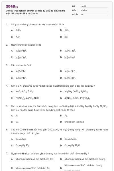 30 câu Trắc nghiệm chuyên đề Hóa 12 Chủ đề 8: Kiểm tra một tiết chuyên đề V có đáp án
