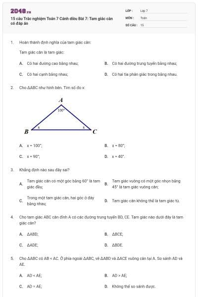 15 câu Trắc nghiệm Toán 7 Cánh diều Bài 7: Tam giác cân có đáp án