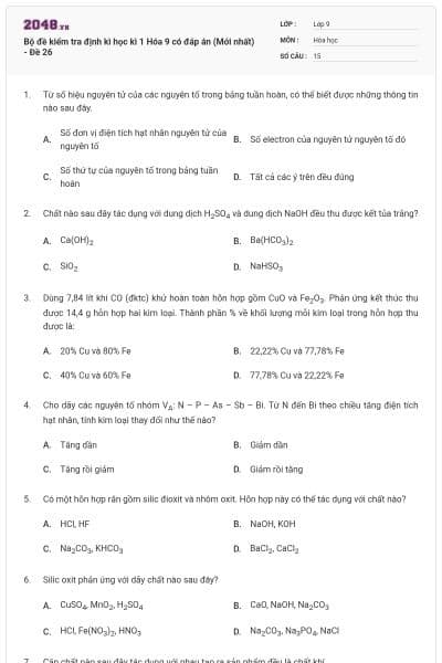 Bộ đề kiểm tra định kì học kì 1 Hóa 9 có đáp án (Mới nhất) - Đề 26